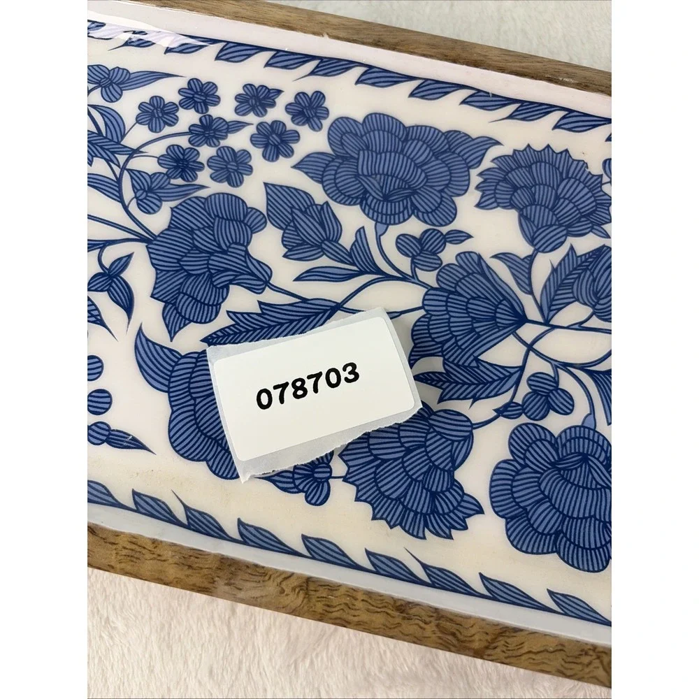 AVA Premium Handcrafted Long Decorative Tray Blue & White Floral Ceramic Inlay